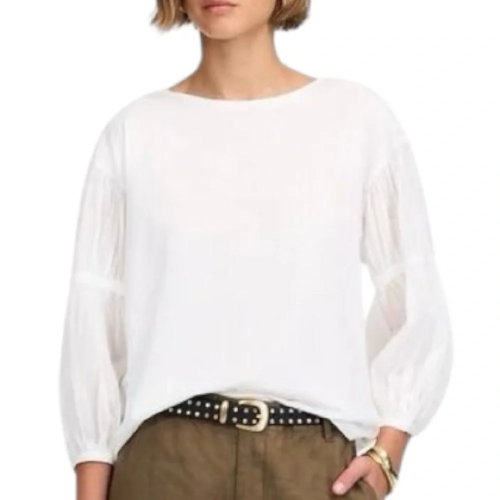 Madewell White Mixed Media Puff Sleeve Top Size Small Cotton Blouse